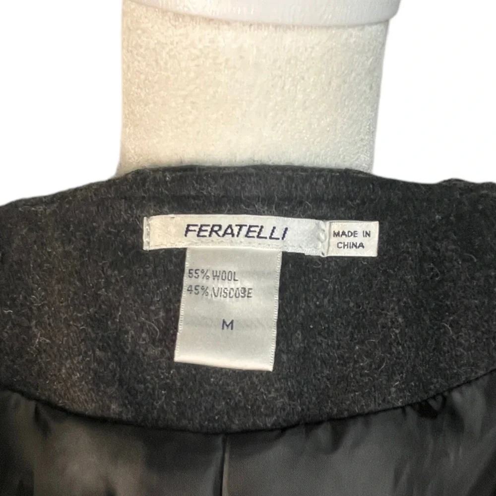 Feratelli Elegant Black Pea Coat with Ruffle Details - Picture 9 of 10